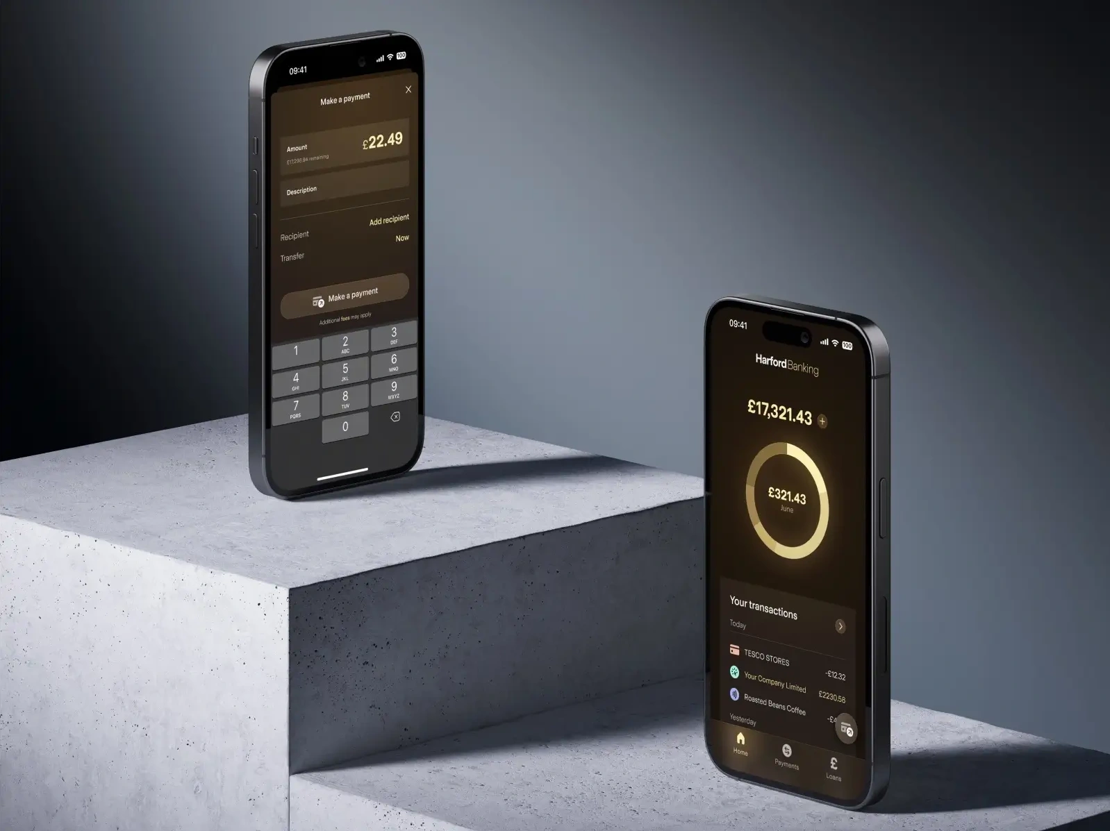 Mockups of iPhones with a banking app
