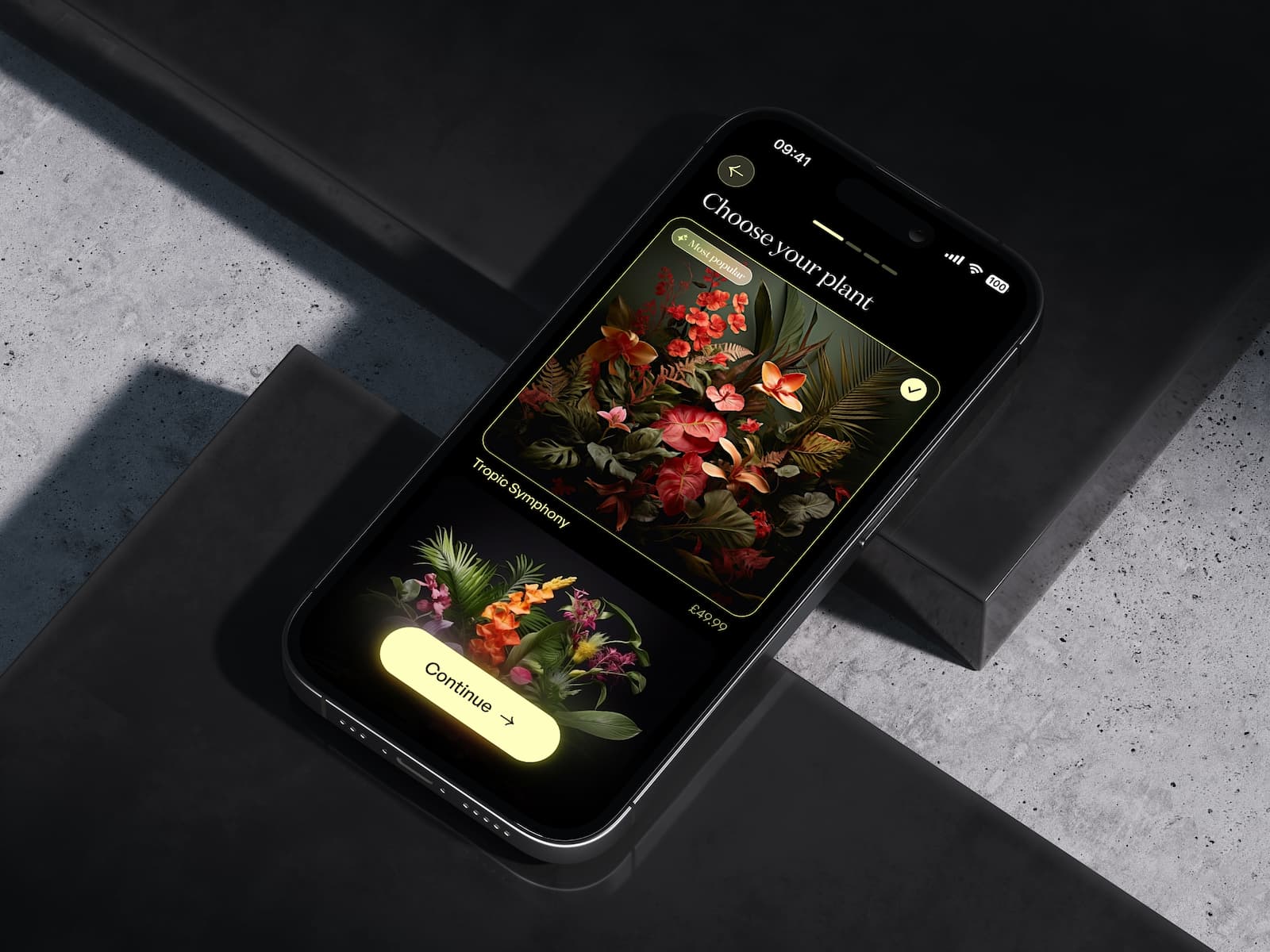 iPhone displaying a floral service app mockup