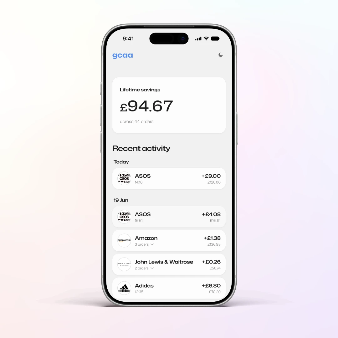 GCAA app showing lifetime savings and a list of recent transactions